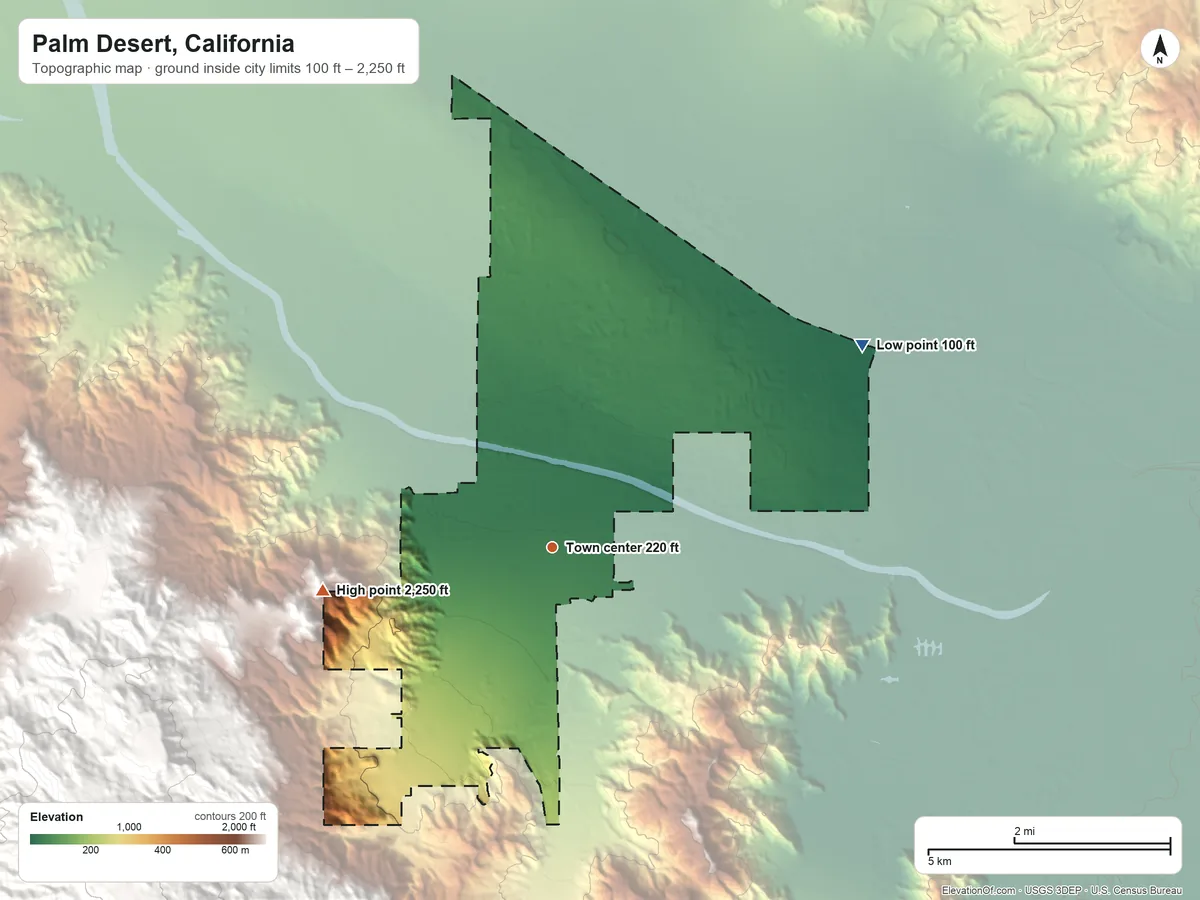 Topographic elevation map of Palm Desert, California, shaded from 100 ft on the northeast side to 2,250 ft on the west side