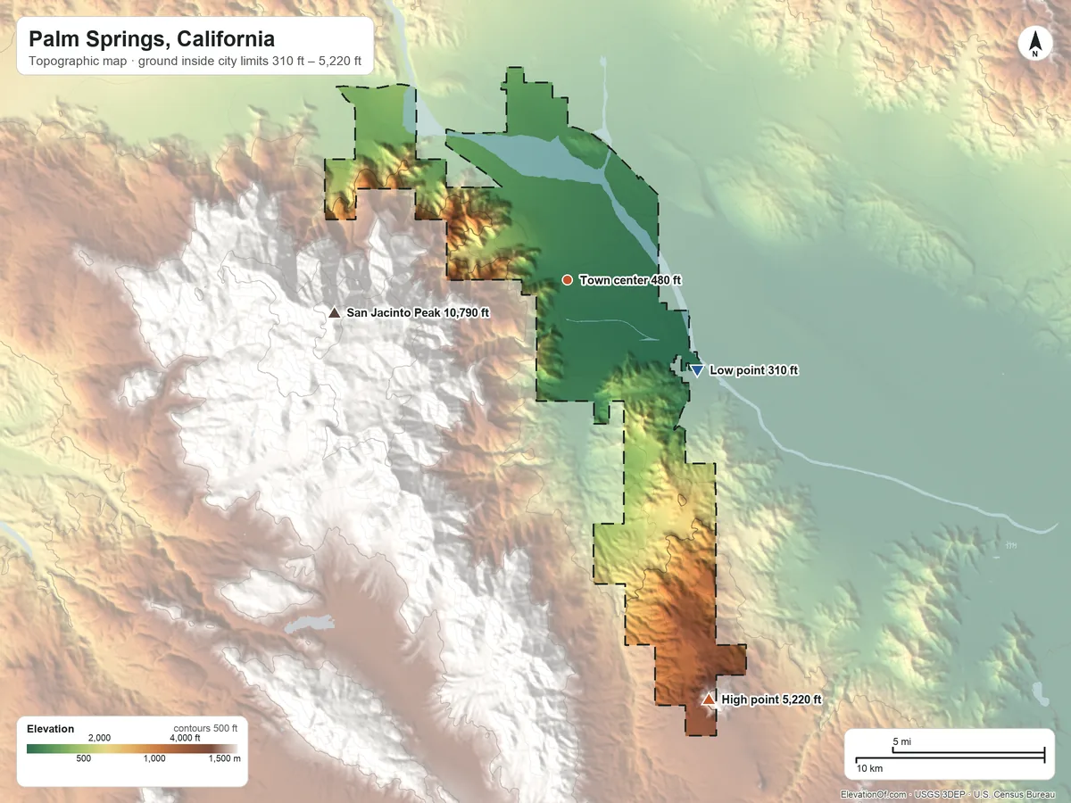 Topographic elevation map of Palm Springs, California, shaded from 310 ft on the southeast side to 5,220 ft on the south side