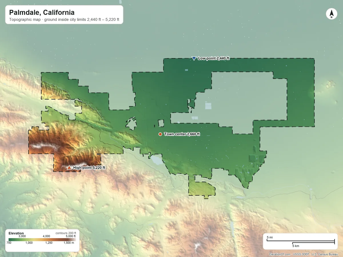 Topographic elevation map of Palmdale, California, shaded from 2,440 ft on the northeast side to 5,220 ft on the west side