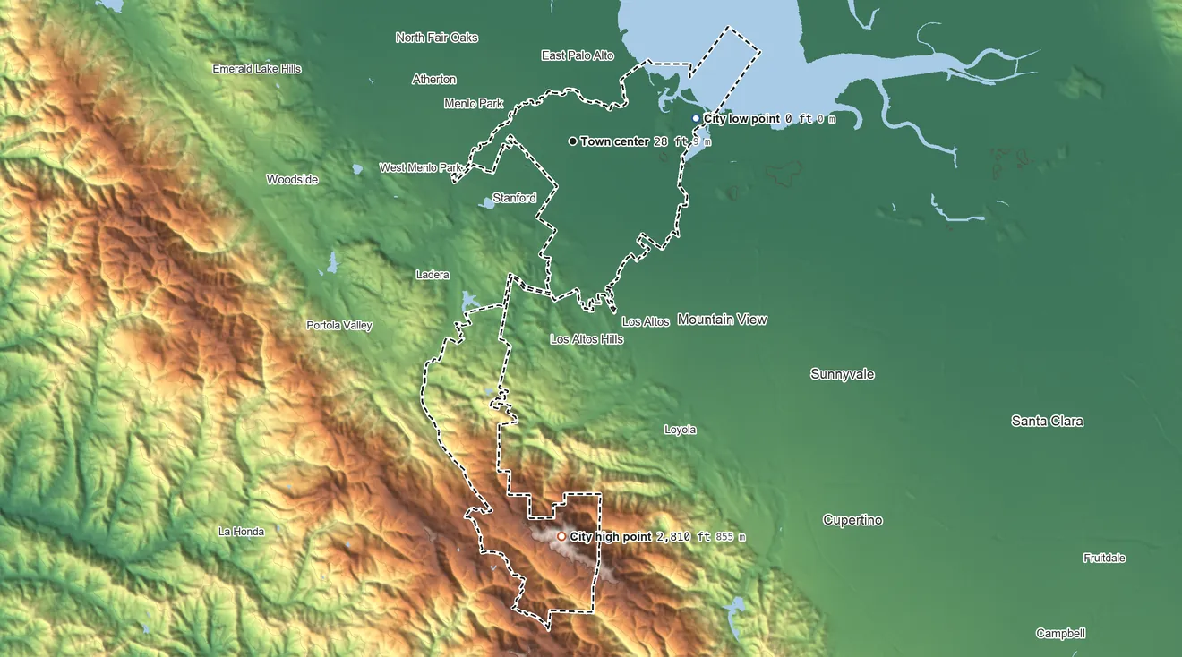 Topographic elevation map of Palo Alto, California, shaded from sea level level on San Francisco Bay to 2,810 ft on Black Mountain