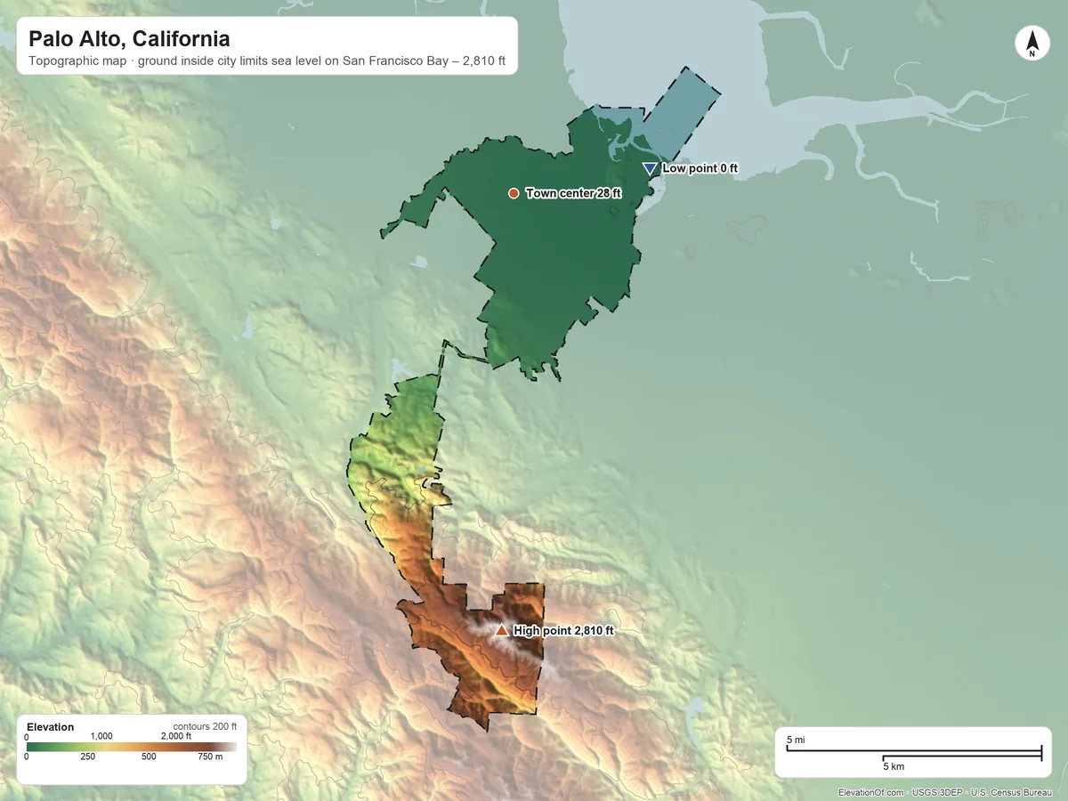 Topographic elevation map of Palo Alto, California, shaded from sea level level on San Francisco Bay to 2,810 ft on Black Mountain