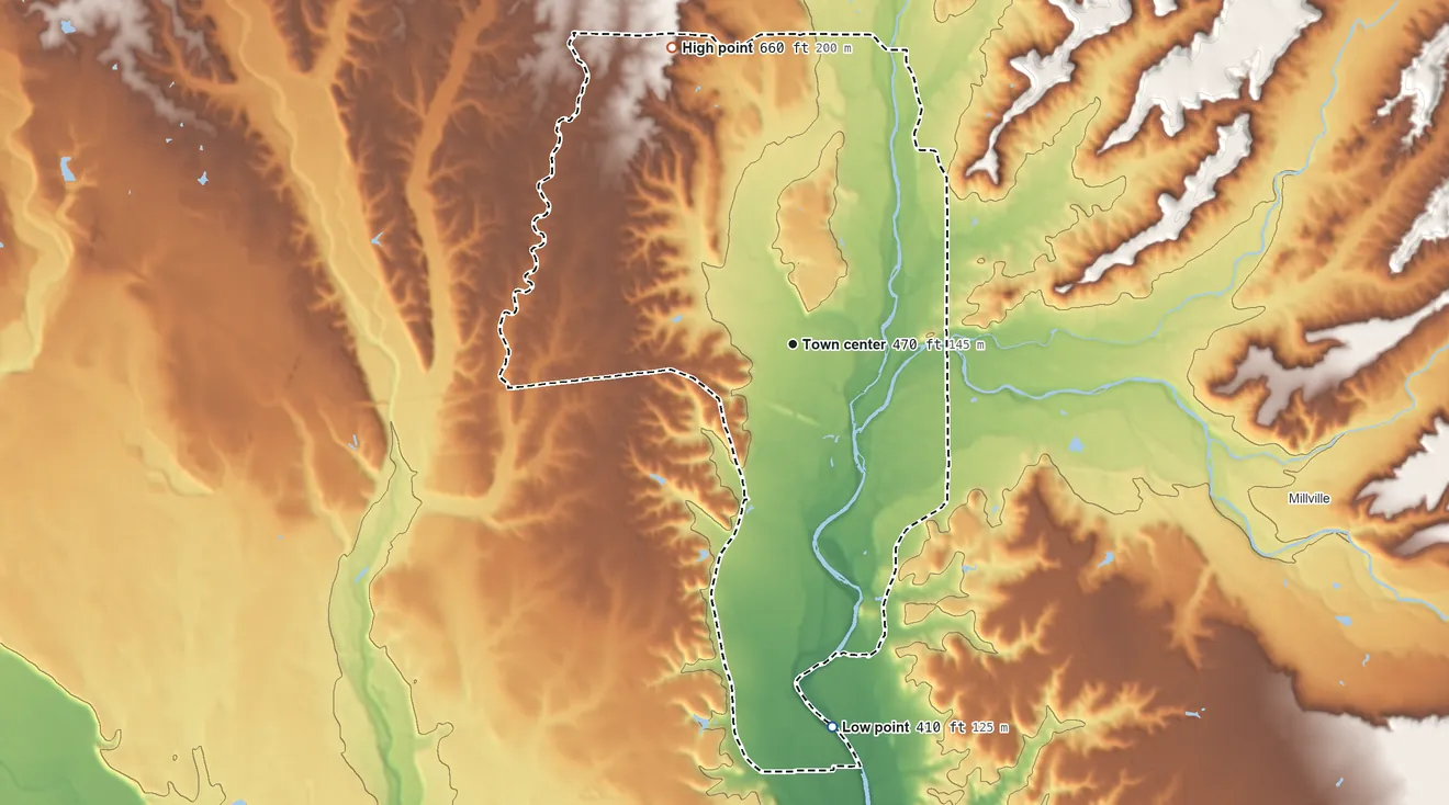 Topographic elevation map of Palo Cedro, California, shaded from 410 ft on the south side to 660 ft on the north side