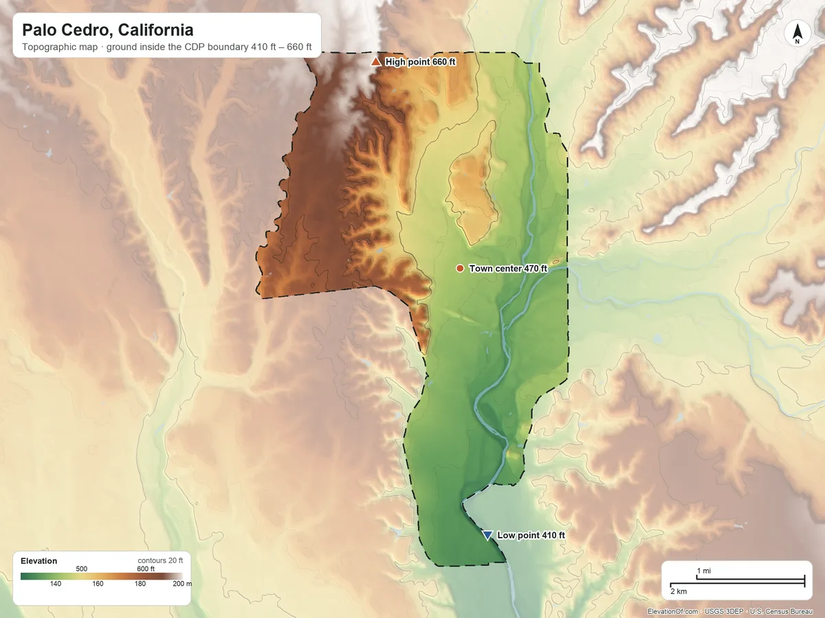 Topographic elevation map of Palo Cedro, California, shaded from 410 ft on the south side to 660 ft on the north side