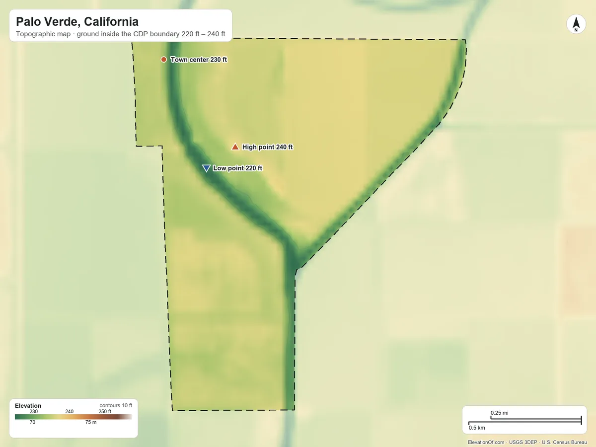 Topographic elevation map of Palo Verde, California, shaded from 220 ft on the south side to 240 ft on the southeast side