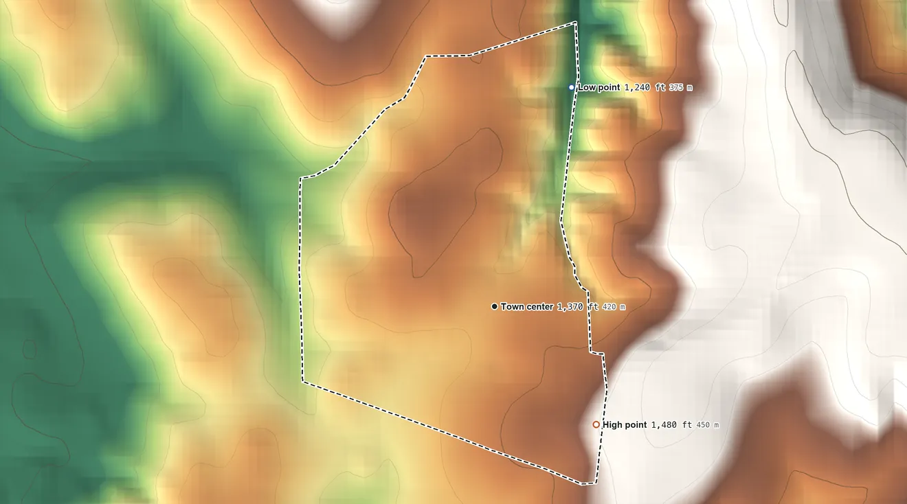 Topographic elevation map of Paloma, California, shaded from 1,240 ft on the north side to 1,480 ft on the southeast edge, below higher ground just outside
