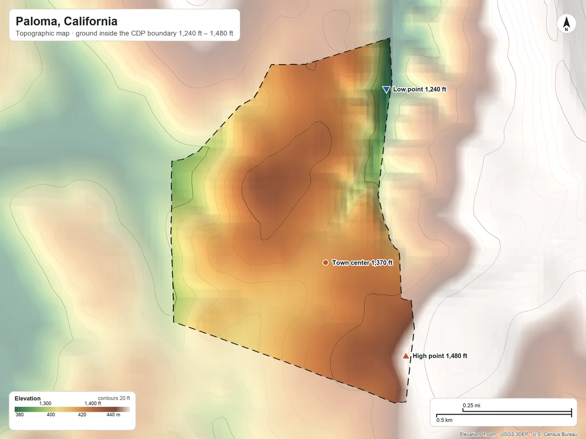 Topographic elevation map of Paloma, California, shaded from 1,240 ft on the north side to 1,480 ft on the southeast edge, below higher ground just outside