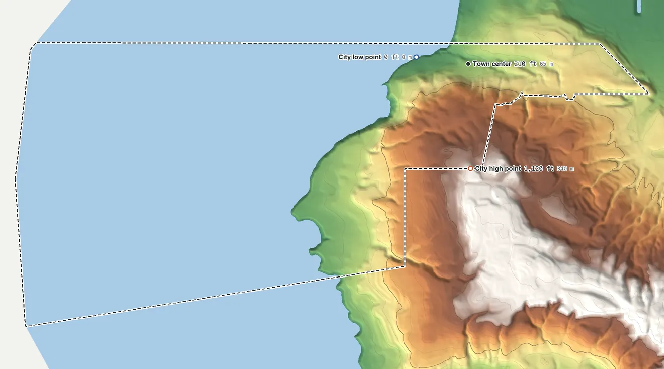 Topographic elevation map of Palos Verdes Estates, California, shaded from sea level level on the Pacific Ocean to 1,120 ft on the south side