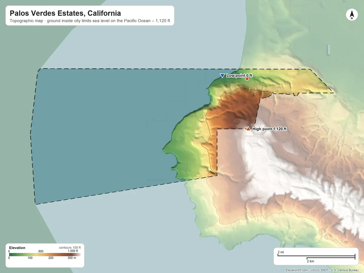 Topographic elevation map of Palos Verdes Estates, California, shaded from sea level level on the Pacific Ocean to 1,120 ft on the south side
