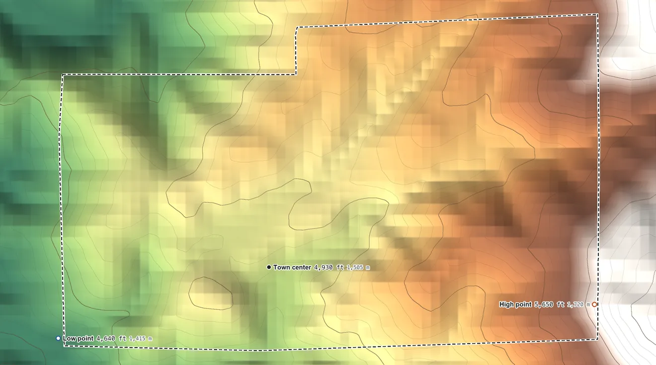 Topographic elevation map of Panorama Heights, California, shaded from 4,640 ft on the west side to 5,650 ft at the foot of the Greenhorn Mountains