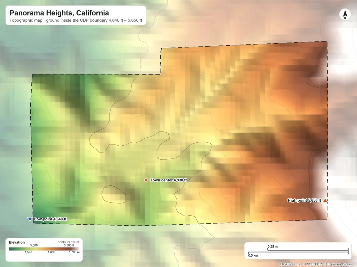 Topographic elevation map of Panorama Heights, California, shaded from 4,640 ft on the west side to 5,650 ft at the foot of the Greenhorn Mountains