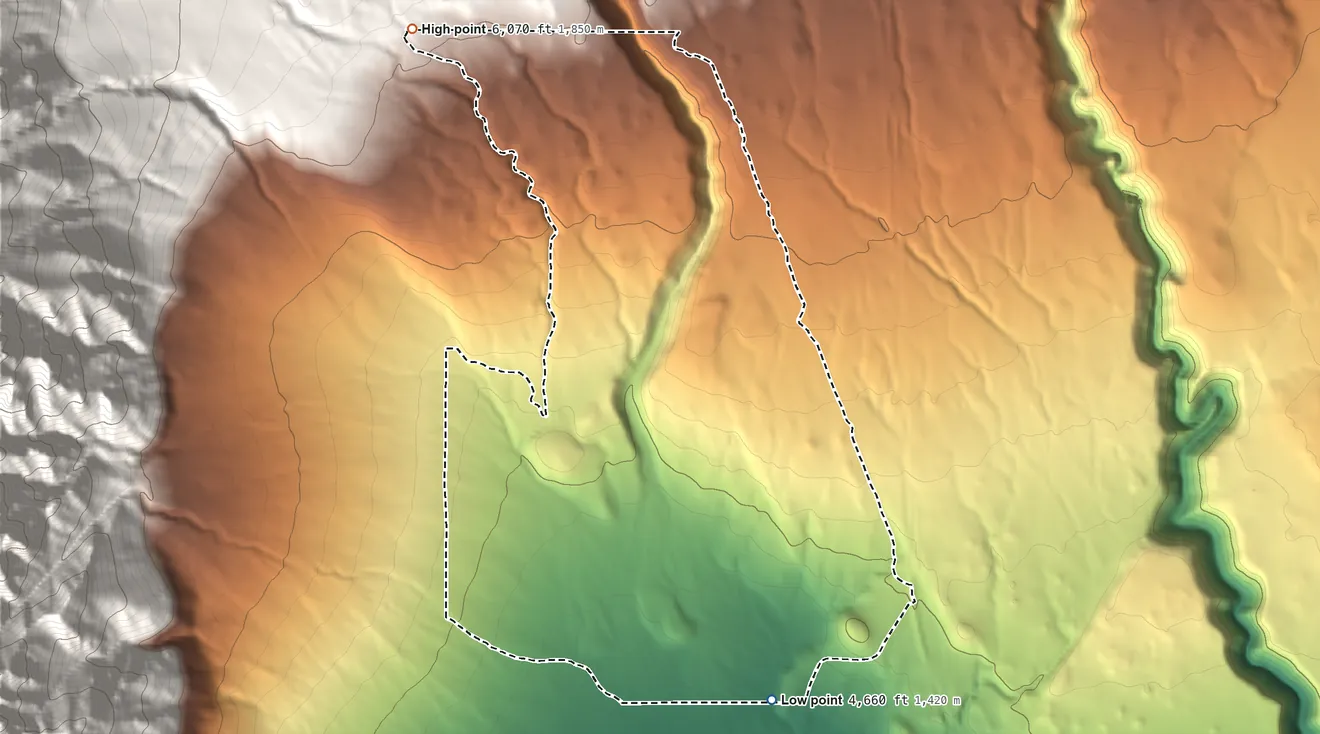 Topographic elevation map of Paradise, Mono County, California, shaded from 4,660 ft on the southeast side to 6,070 ft at the foot of the Tungsten Hills