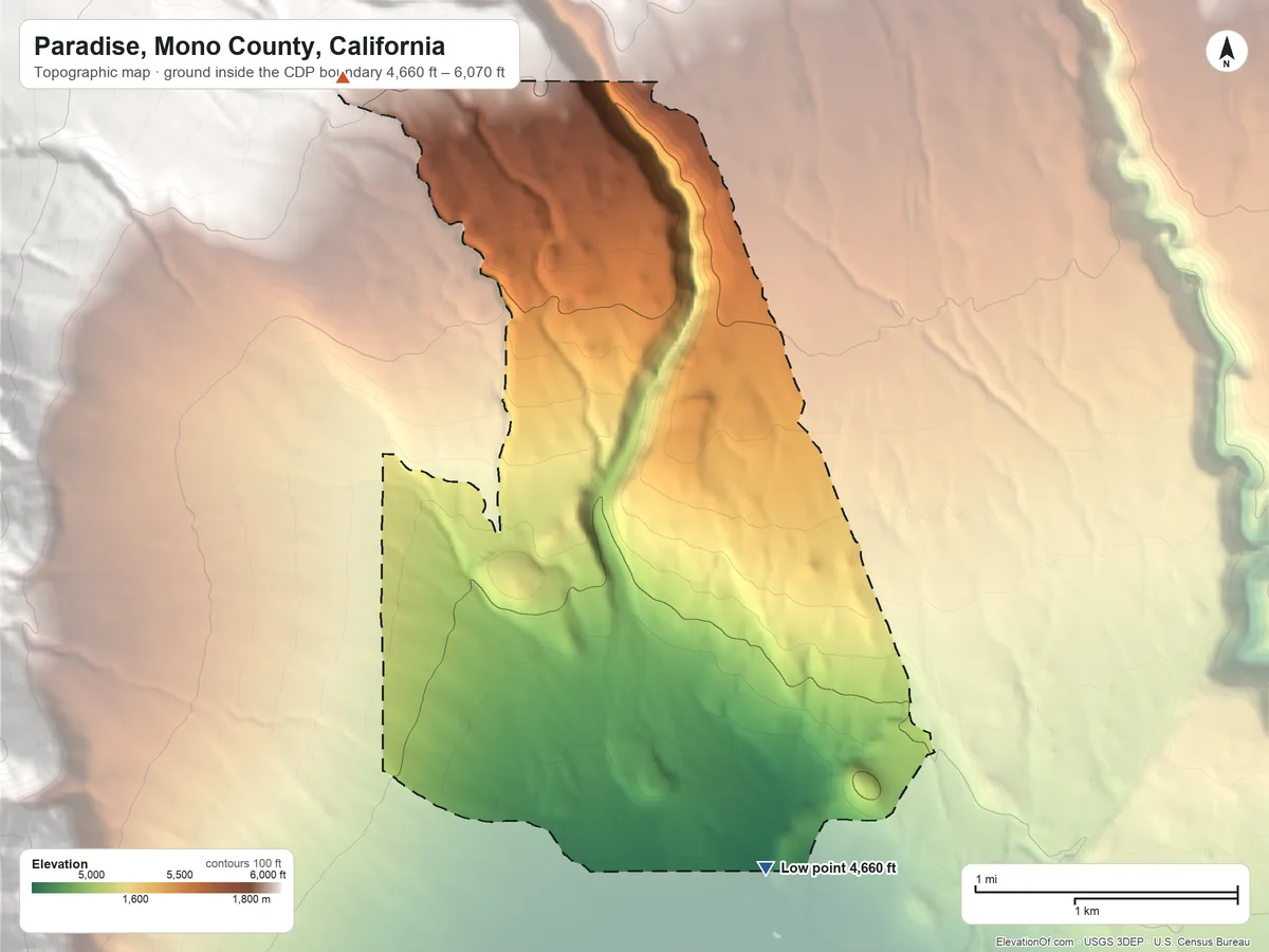 Topographic elevation map of Paradise, Mono County, California, shaded from 4,660 ft on the southeast side to 6,070 ft at the foot of the Tungsten Hills