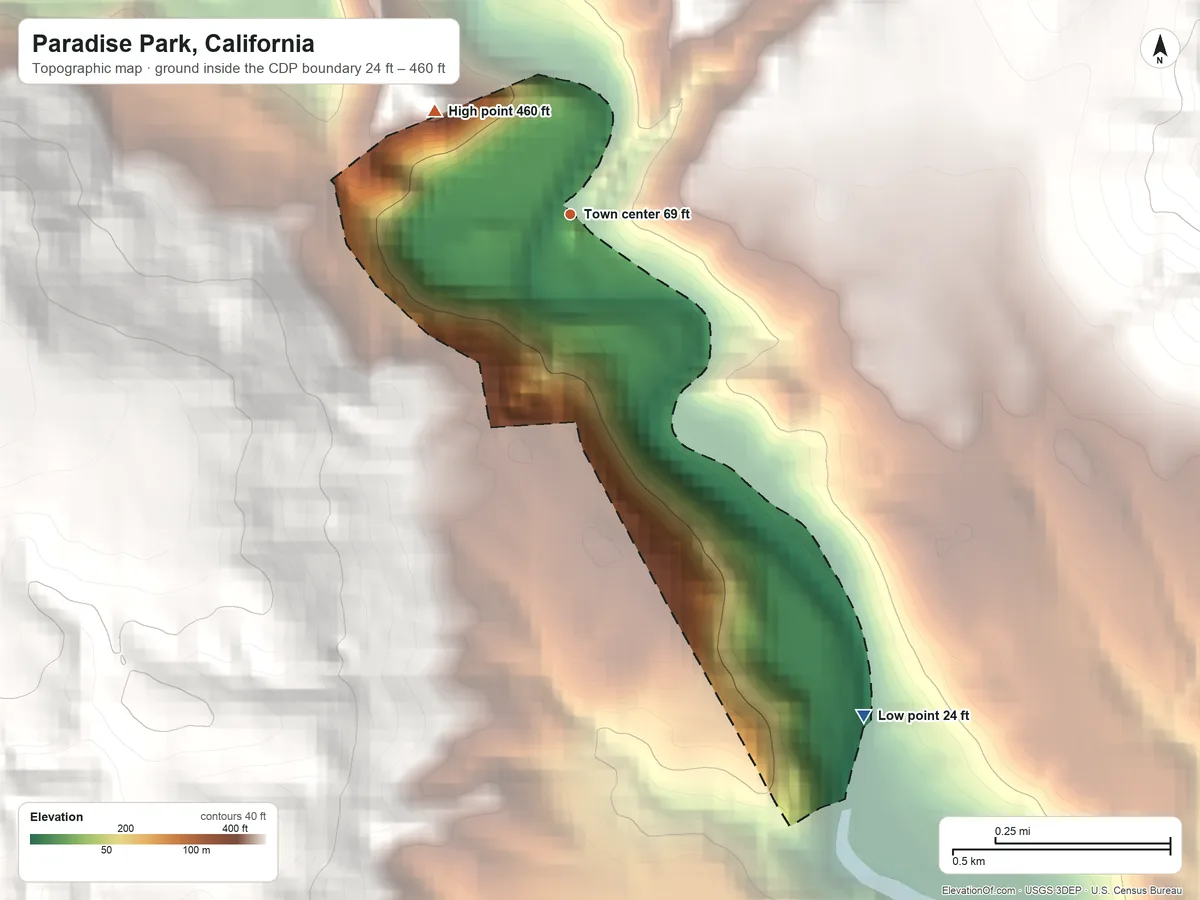 Topographic elevation map of Paradise Park, California, shaded from 24 ft on the southeast side to 460 ft at the foot of the Santa Cruz Mountains