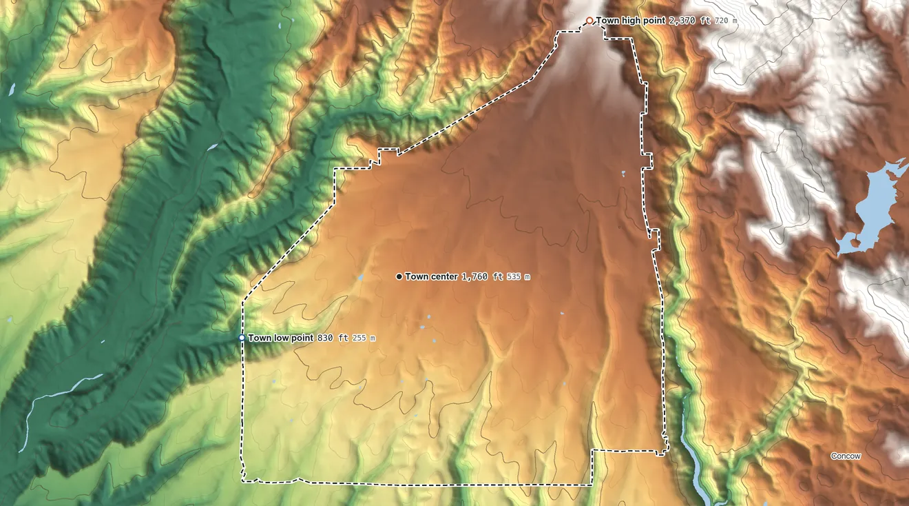 Topographic elevation map of Paradise, California, shaded from 830 ft on the west side to 2,370 ft on the northeast edge, below higher ground just outside