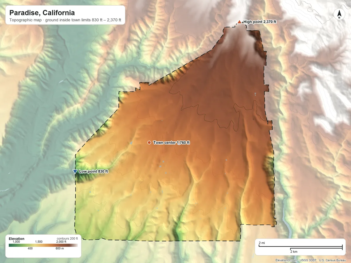 Topographic elevation map of Paradise, California, shaded from 830 ft on the west side to 2,370 ft on the northeast edge, below higher ground just outside