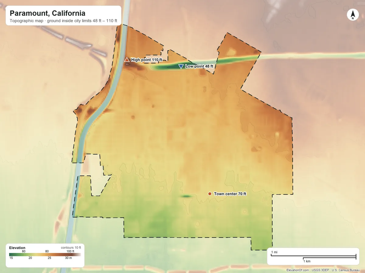 Topographic elevation map of Paramount, California, shaded from 48 ft on the north side to 110 ft on the northwest side