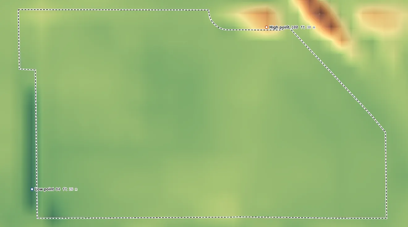 Topographic elevation map of Parklawn, California, shaded from 84 ft on the west side to 100 ft on the northeast side