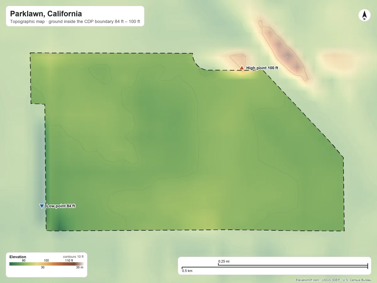 Topographic elevation map of Parklawn, California, shaded from 84 ft on the west side to 100 ft on the northeast side
