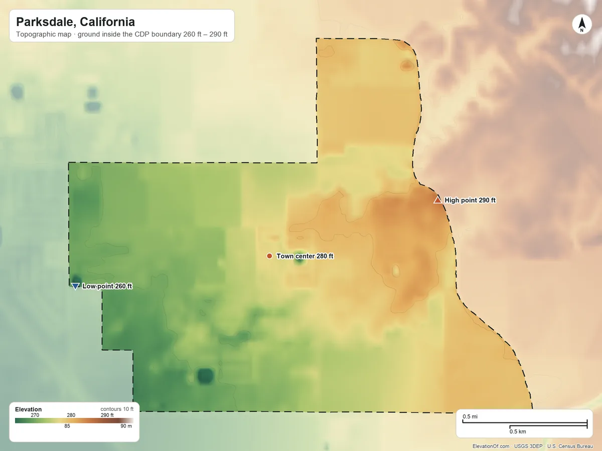 Topographic elevation map of Parksdale, California, shaded from 260 ft on the west side to 290 ft on the east side