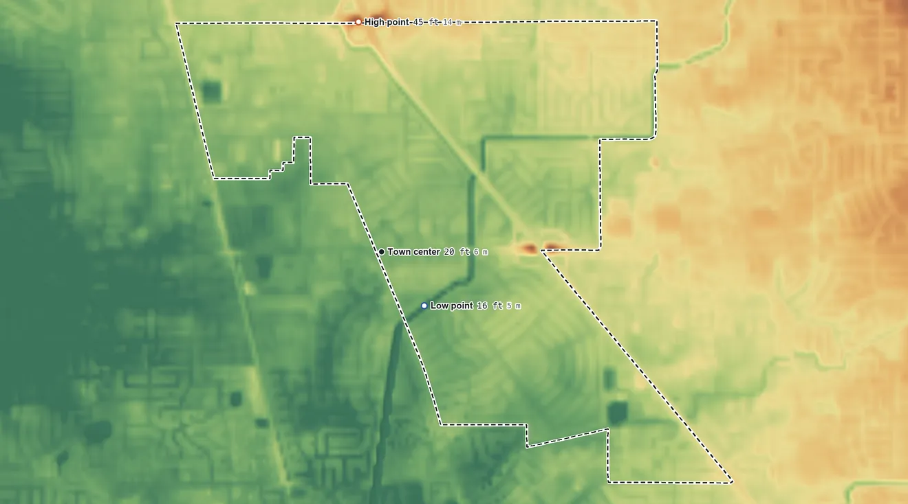 Topographic elevation map of Parkway, California, shaded from 16 ft near the middle to 45 ft on the north side