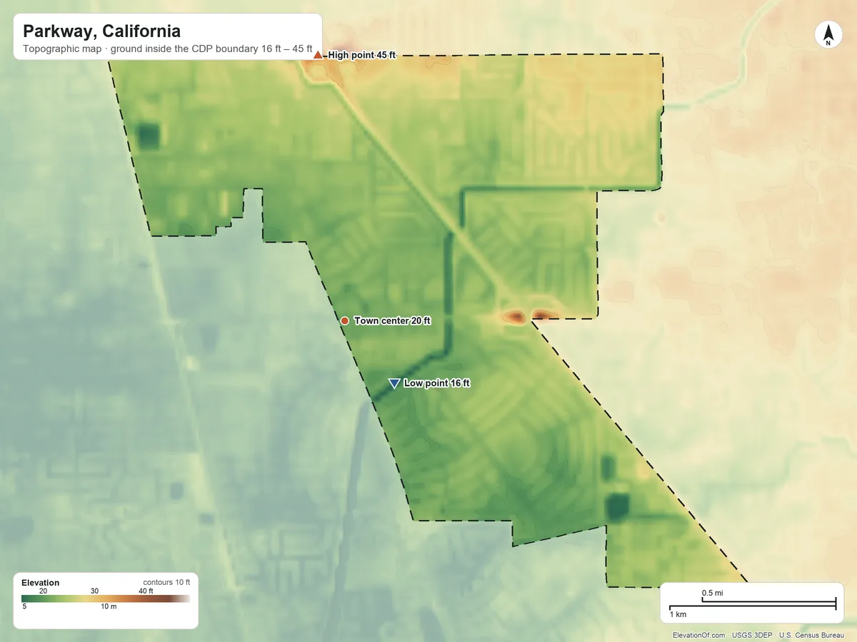Topographic elevation map of Parkway, California, shaded from 16 ft near the middle to 45 ft on the north side