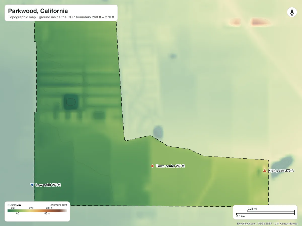 Topographic elevation map of Parkwood, California, shaded from 260 ft on the west side to 270 ft on the east side