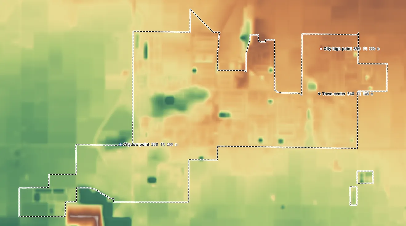 Topographic elevation map of Parlier, California, shaded from 330 ft on the west side to 350 ft on the north side