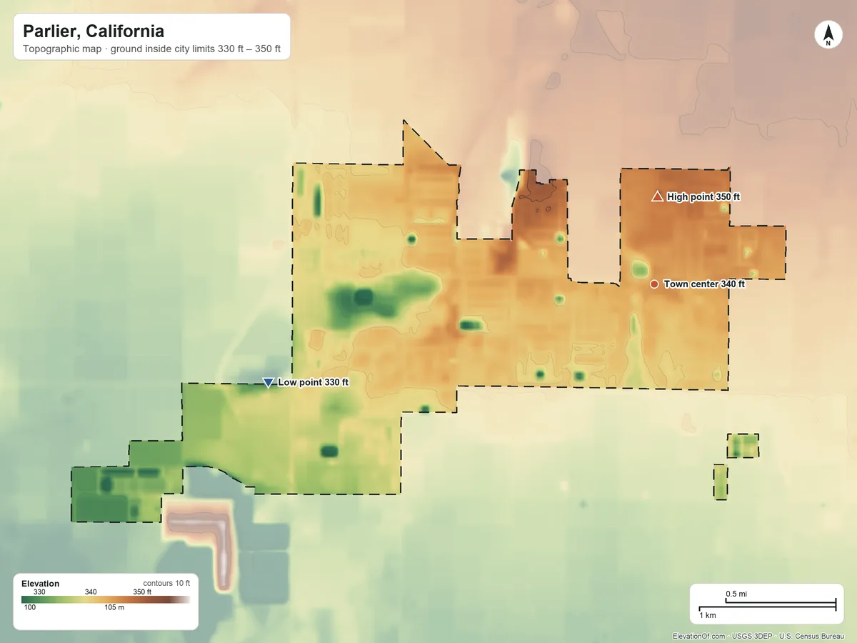 Topographic elevation map of Parlier, California, shaded from 330 ft on the west side to 350 ft on the north side