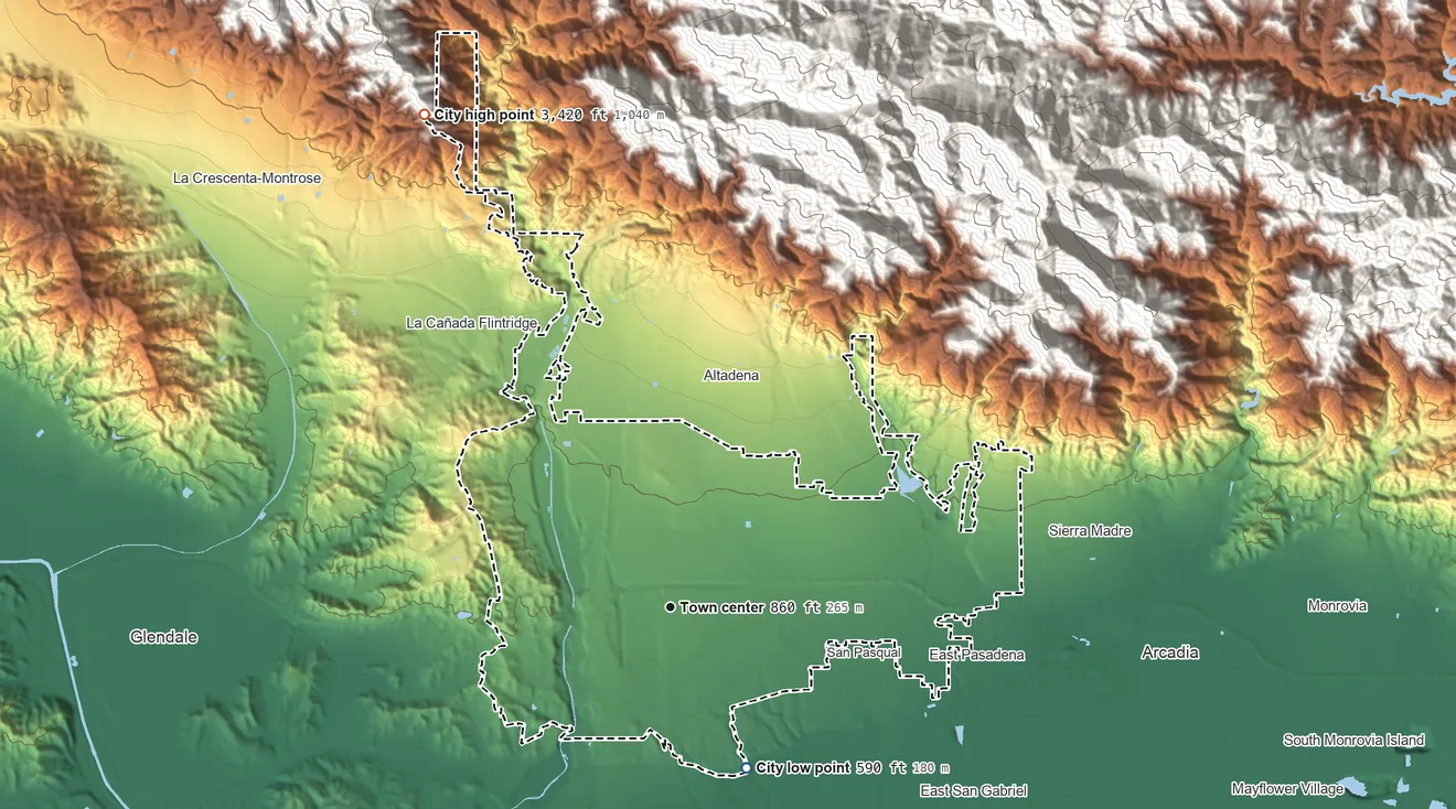 Topographic elevation map of Pasadena, California, shaded from 590 ft on the southeast side to 3,420 ft at the foot of the San Rafael Hills