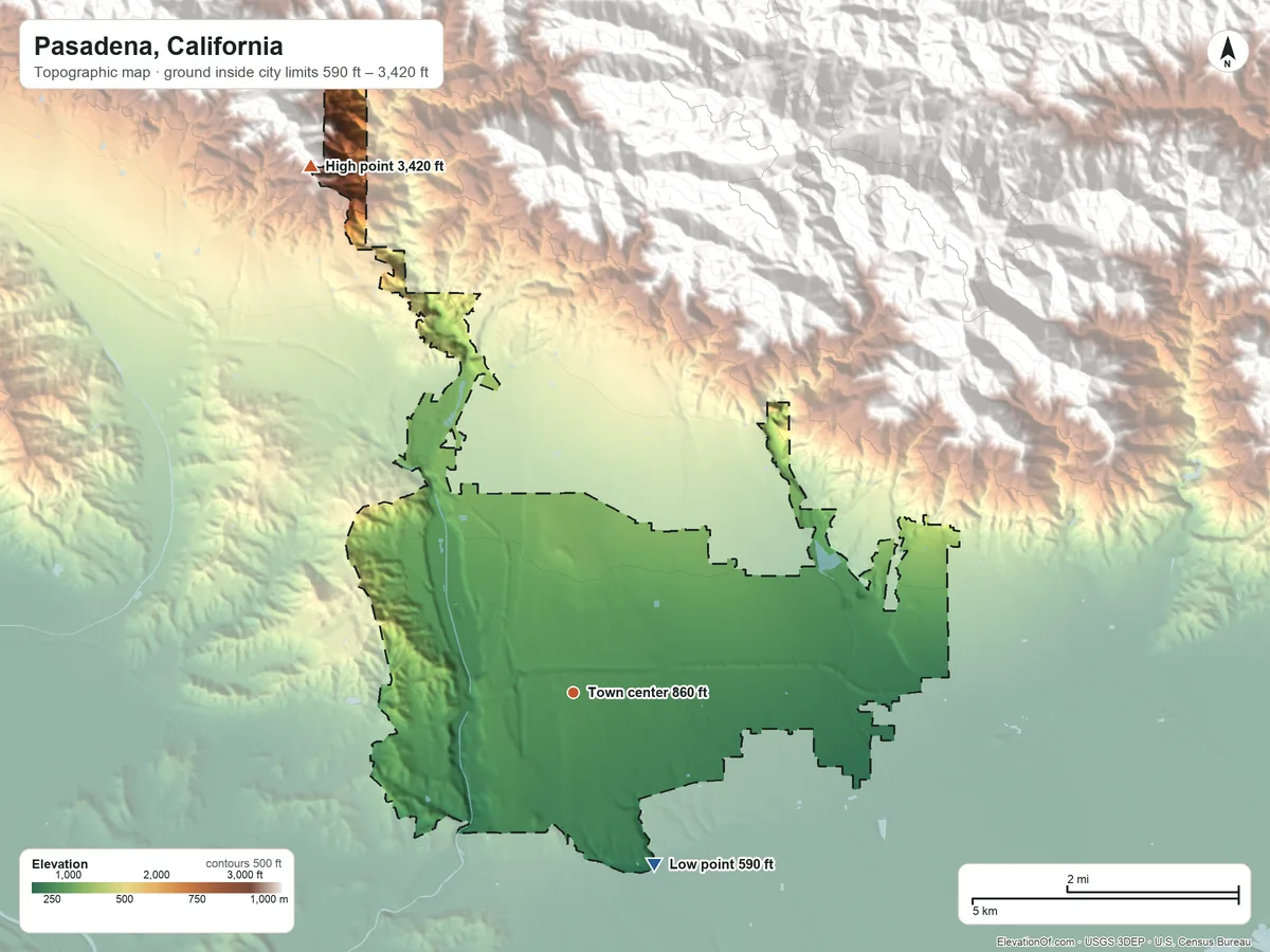 Topographic elevation map of Pasadena, California, shaded from 590 ft on the southeast side to 3,420 ft at the foot of the San Rafael Hills