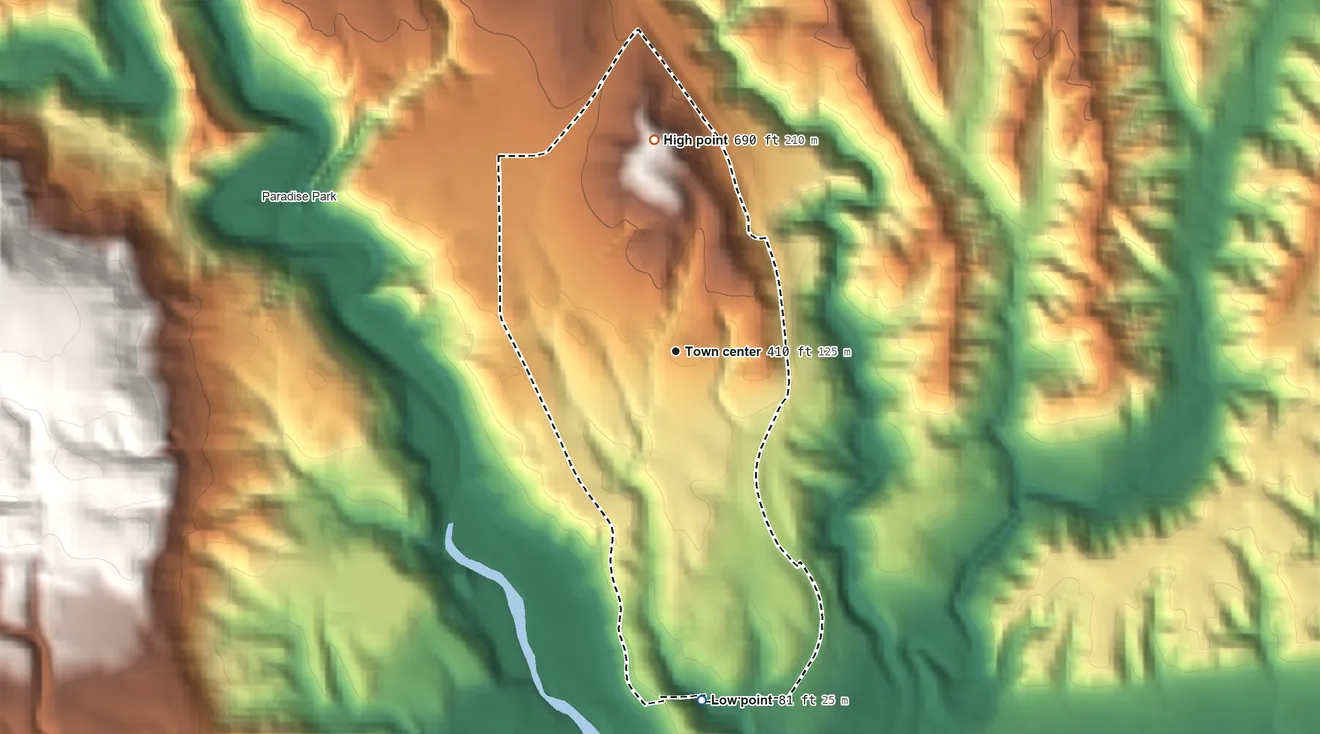 Topographic elevation map of Pasatiempo, California, shaded from 81 ft on the south side to 690 ft on the north side
