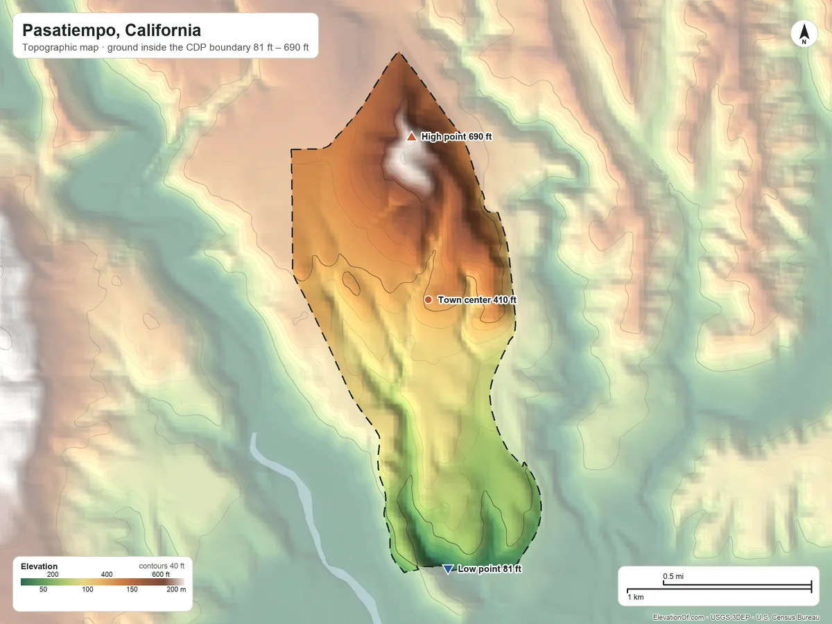 Topographic elevation map of Pasatiempo, California, shaded from 81 ft on the south side to 690 ft on the north side