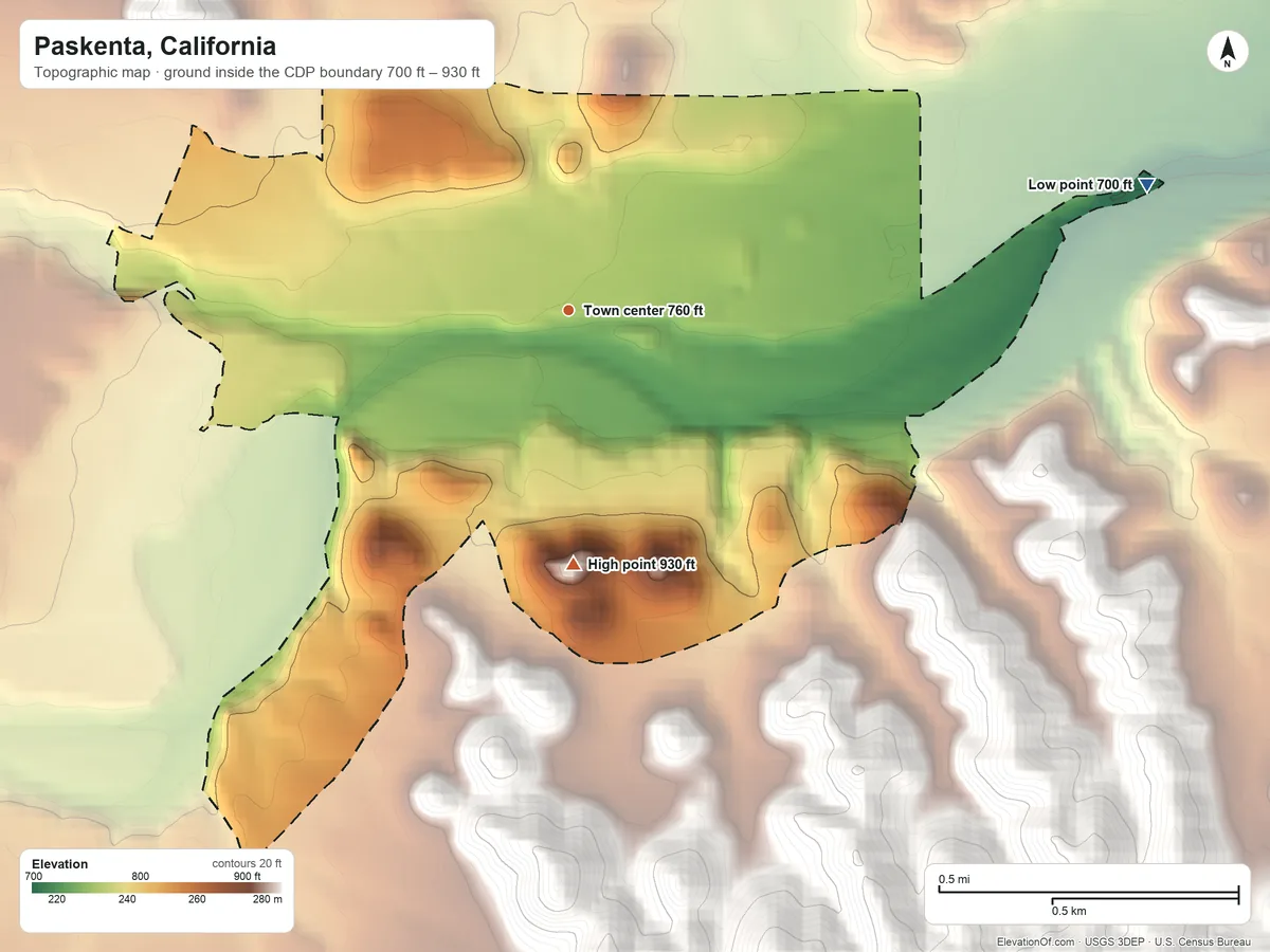 Topographic elevation map of Paskenta, California, shaded from 700 ft on the east side to 930 ft on the south edge, below higher ground just outside