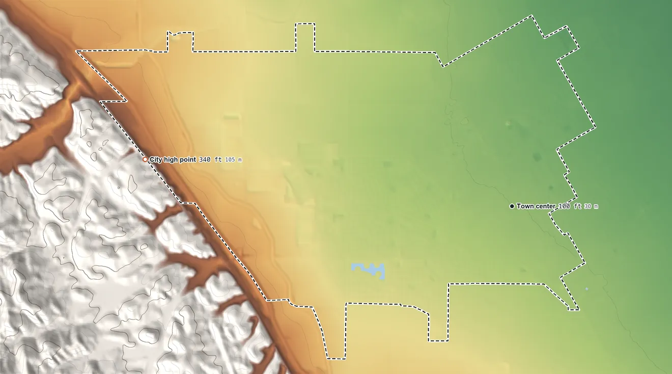 Topographic elevation map of Patterson, California, shaded from 38 ft on the northeast side to 340 ft on the west edge, below higher ground just outside