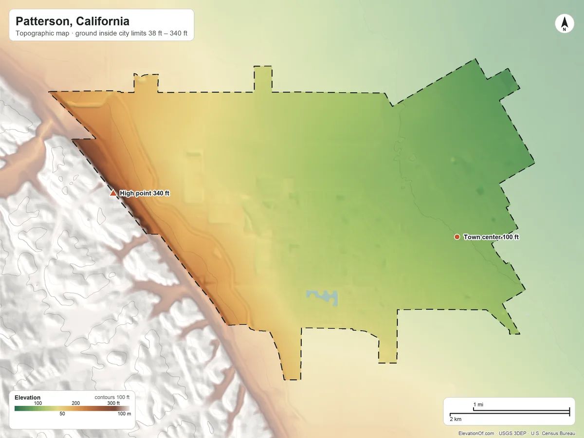 Topographic elevation map of Patterson, California, shaded from 38 ft on the northeast side to 340 ft on the west edge, below higher ground just outside