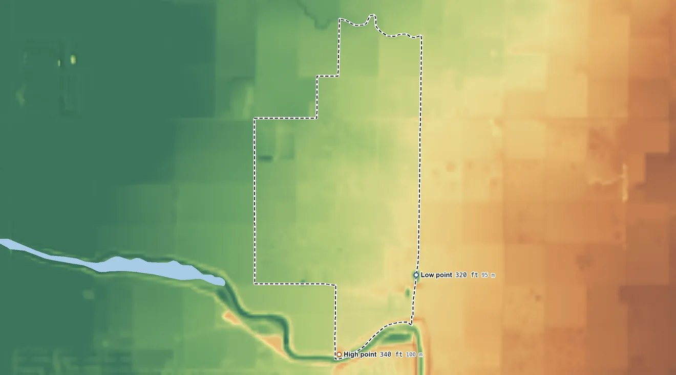 Topographic elevation map of Patterson Tract, California, shaded from 320 ft on the southeast side to 340 ft on the south side