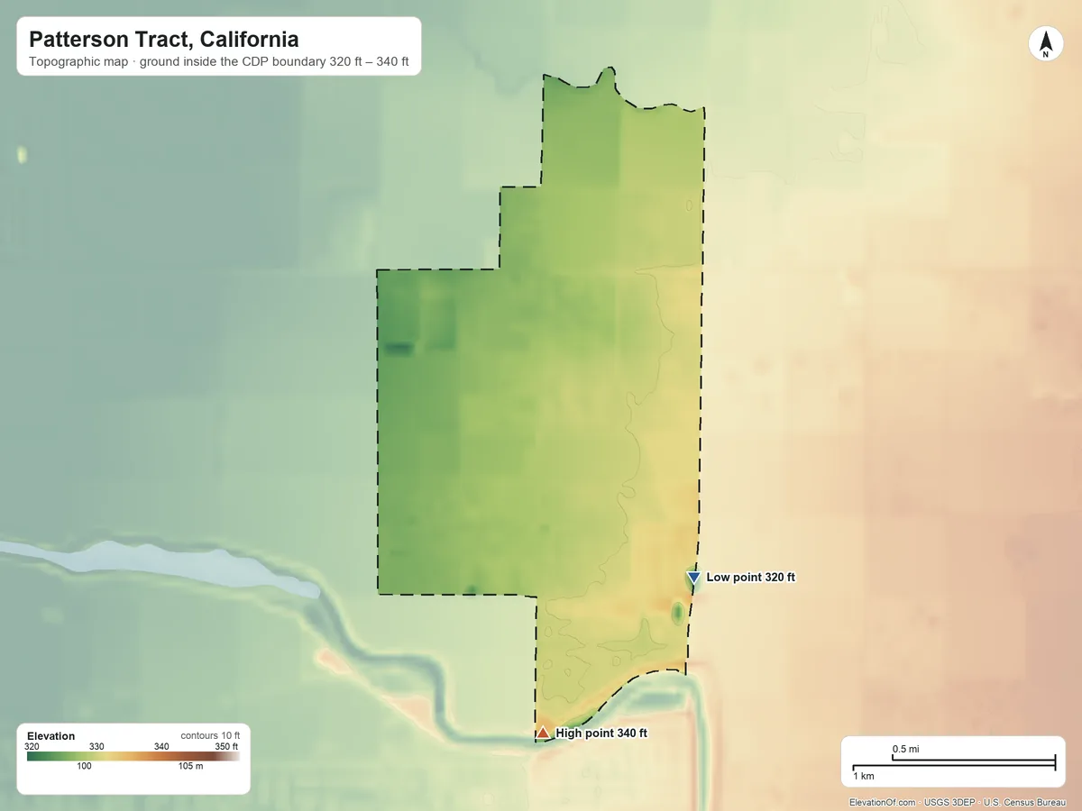 Topographic elevation map of Patterson Tract, California, shaded from 320 ft on the southeast side to 340 ft on the south side