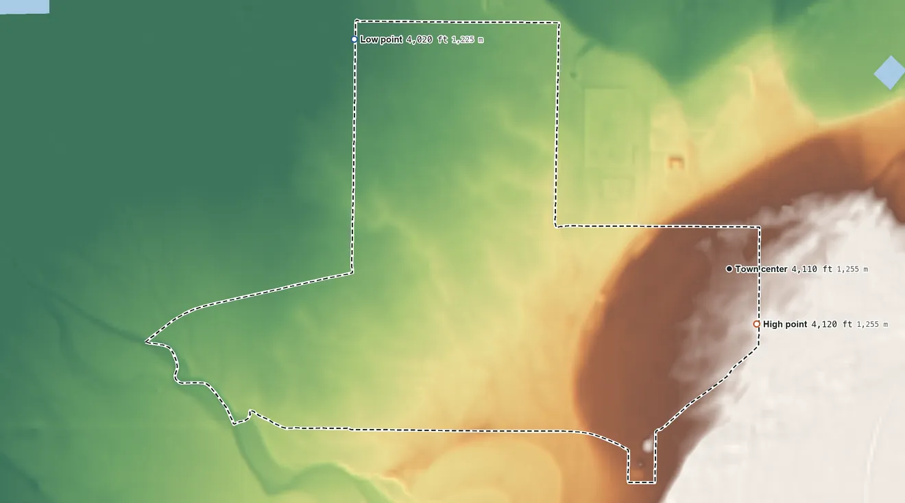 Topographic elevation map of Patton Village, California, shaded from 4,020 ft on the northwest side to 4,120 ft near the middle