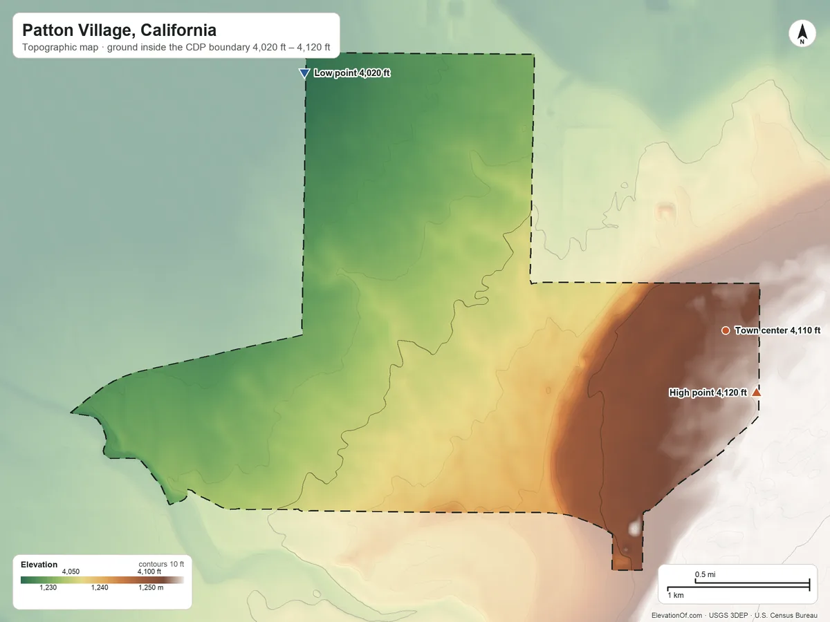 Topographic elevation map of Patton Village, California, shaded from 4,020 ft on the northwest side to 4,120 ft near the middle
