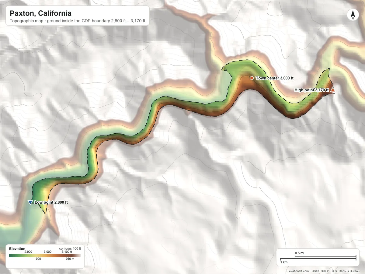 Topographic elevation map of Paxton, California, shaded from 2,800 ft on the southwest side to 3,170 ft on the east edge, below higher ground just outside