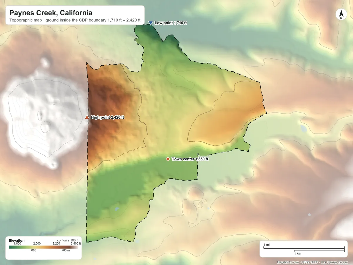Topographic elevation map of Paynes Creek, California, shaded from 1,710 ft on the north side to 2,420 ft on the northwest edge, below higher ground just outside