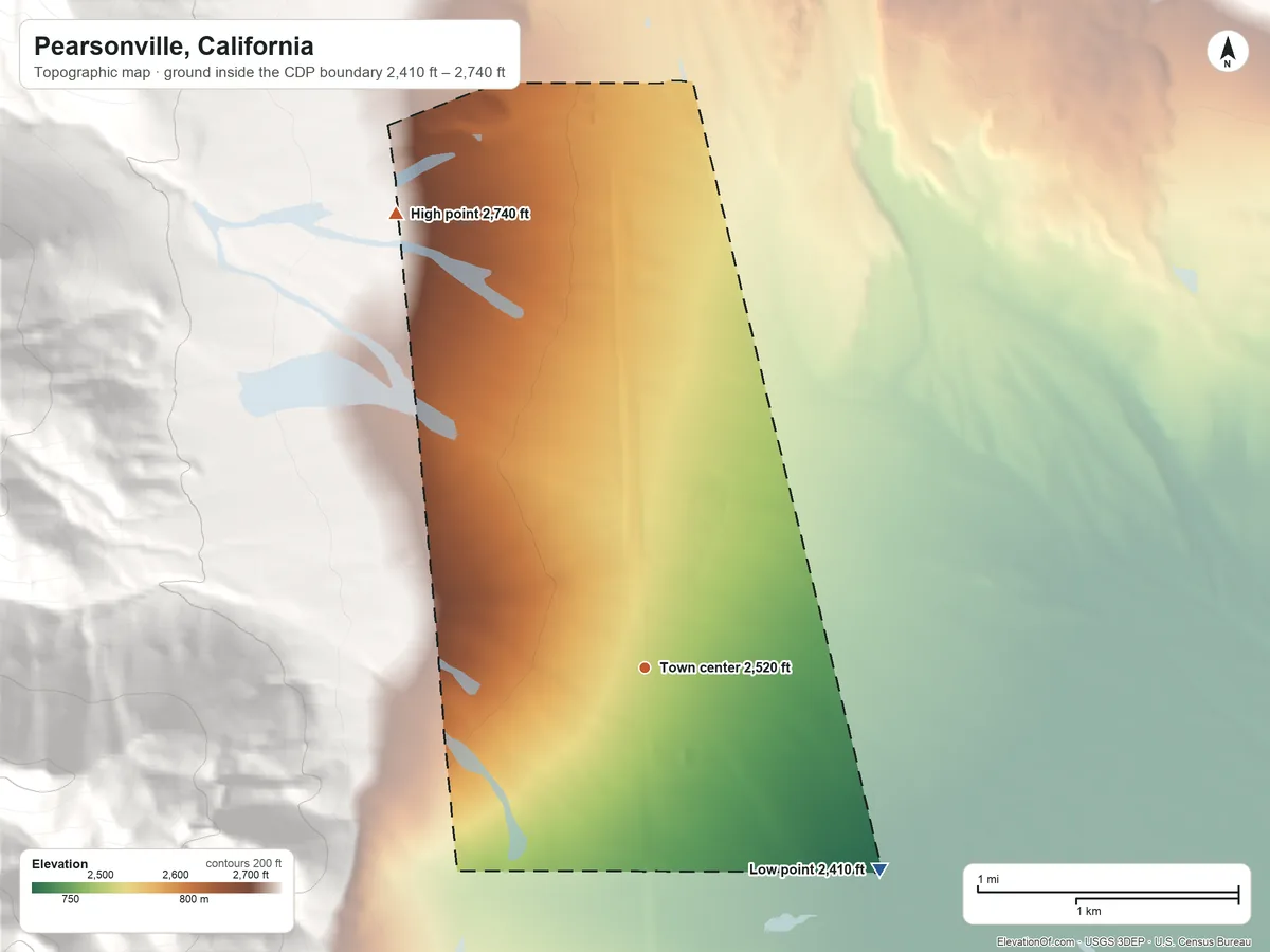 Topographic elevation map of Pearsonville, California, shaded from 2,410 ft on the southeast side to 2,740 ft at the foot of the White Hills