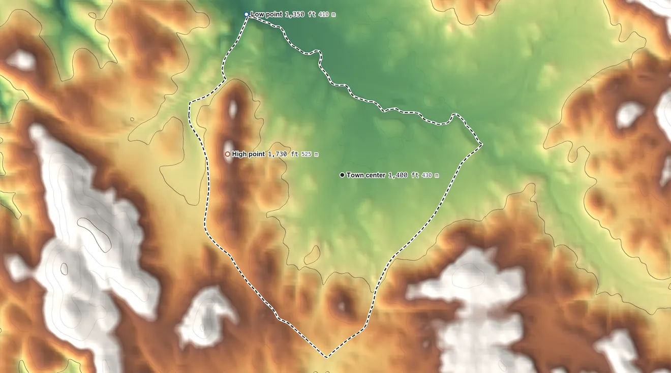 Topographic elevation map of Penn Valley, California, shaded from 1,350 ft on the northwest side to 1,730 ft on the west side
