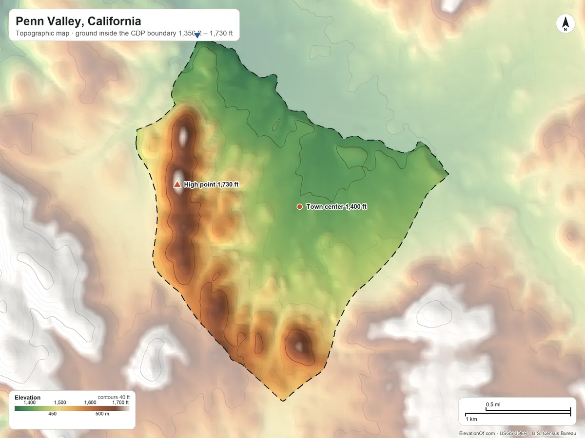 Topographic elevation map of Penn Valley, California, shaded from 1,350 ft on the northwest side to 1,730 ft on the west side