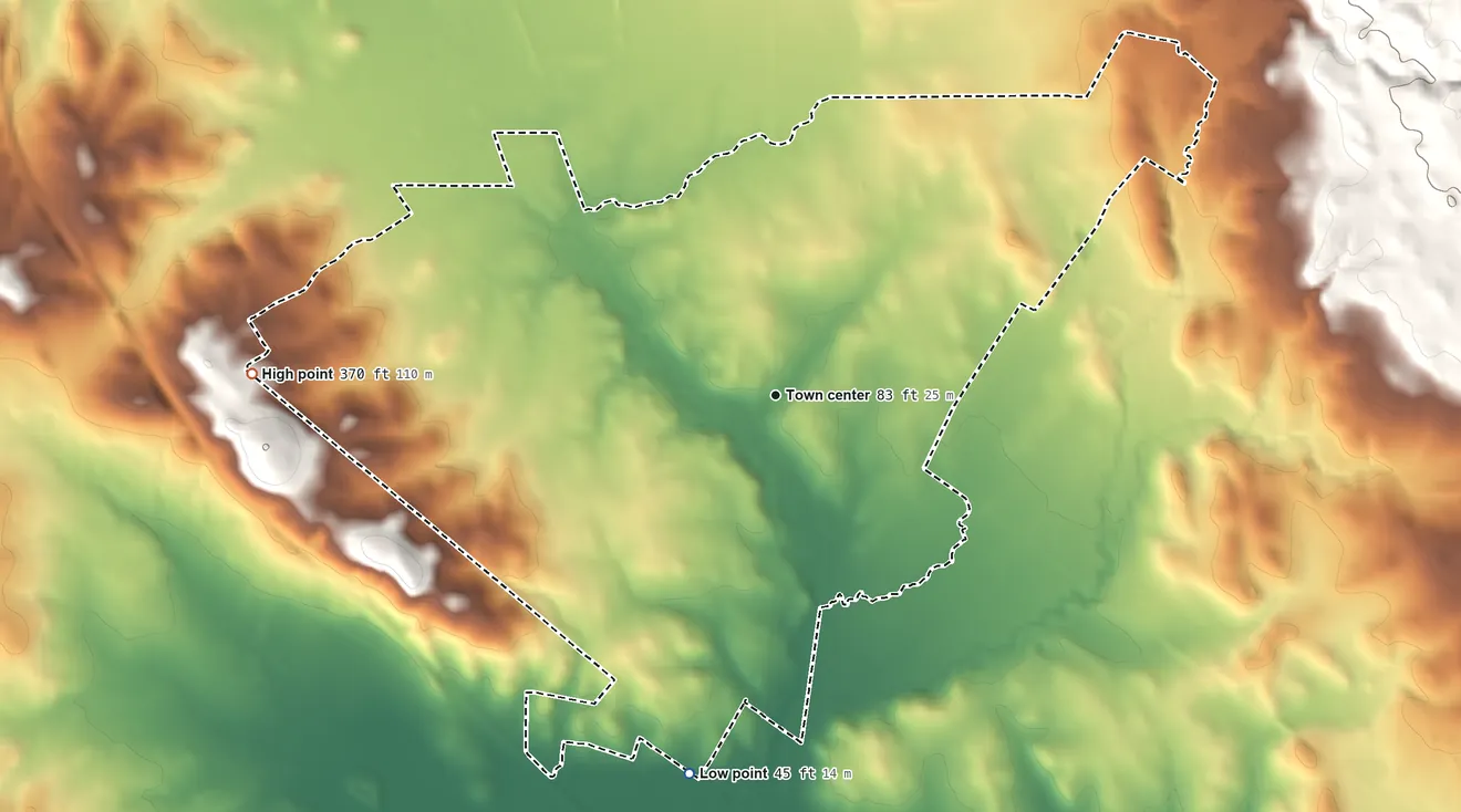 Topographic elevation map of Penngrove, California, shaded from 45 ft on the south side to 370 ft on the west side