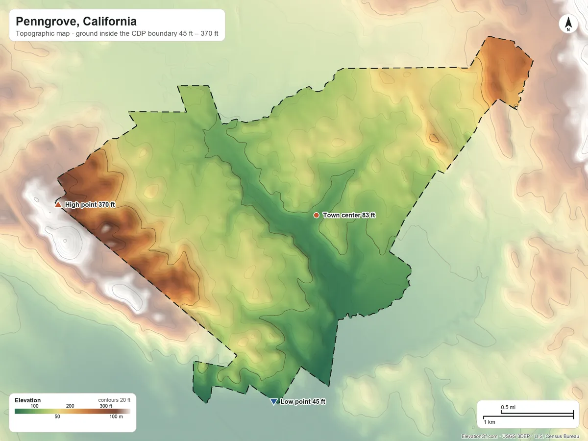 Topographic elevation map of Penngrove, California, shaded from 45 ft on the south side to 370 ft on the west side