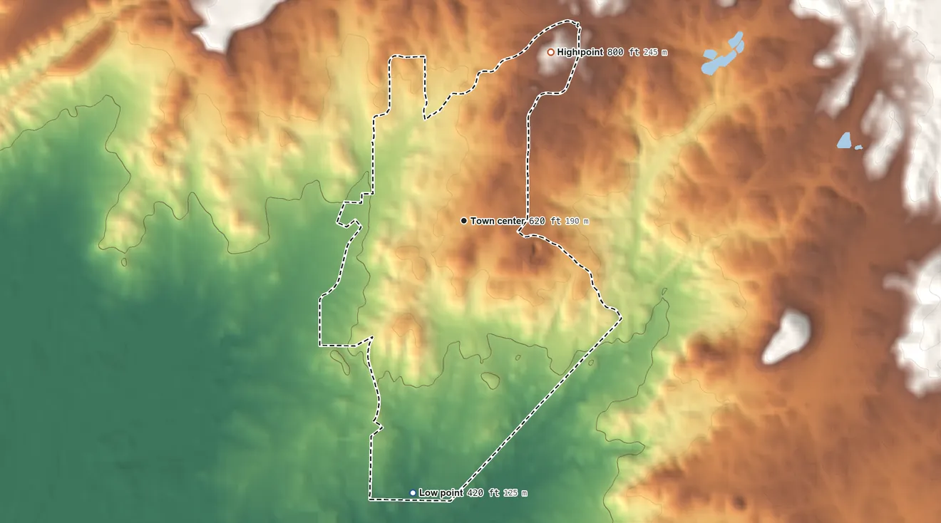 Topographic elevation map of Penryn, California, shaded from 420 ft on the south side to 800 ft on the northeast side