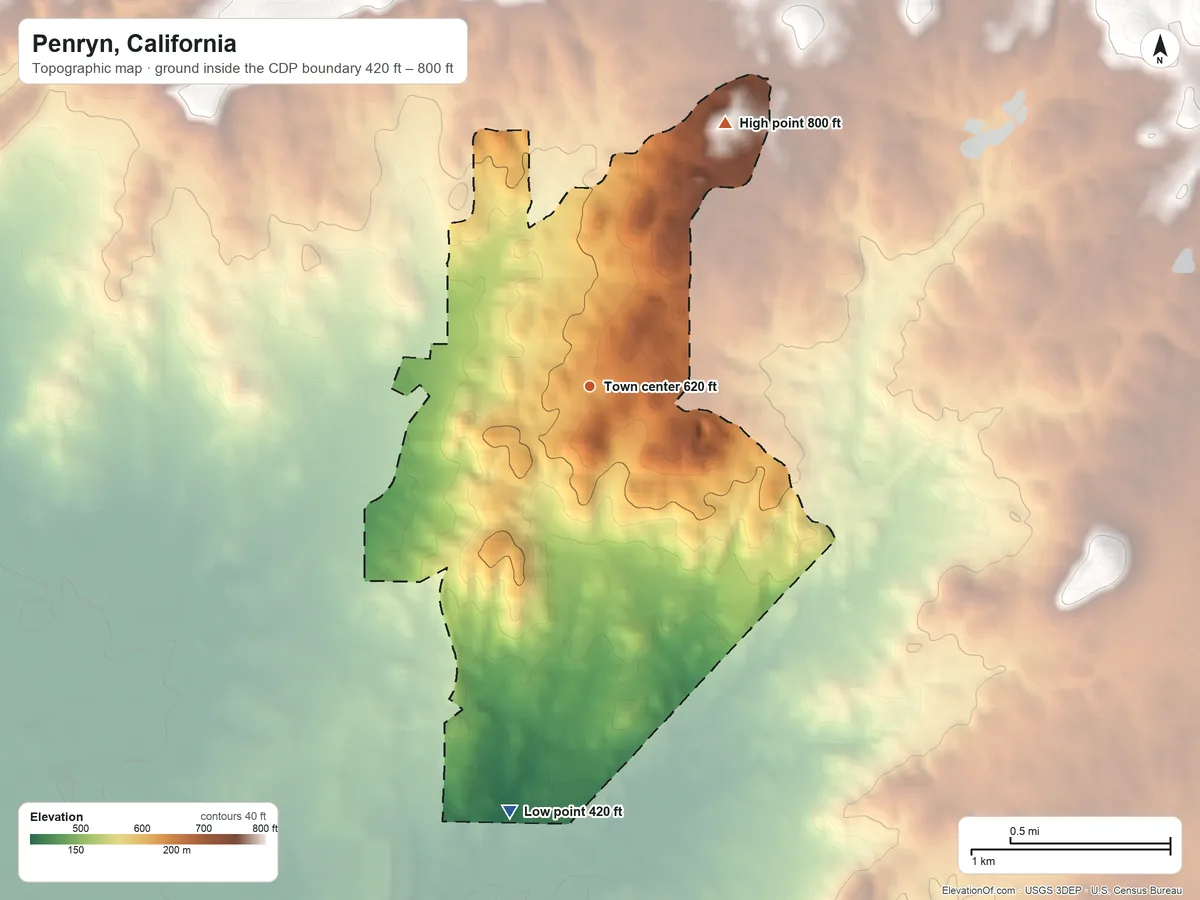 Topographic elevation map of Penryn, California, shaded from 420 ft on the south side to 800 ft on the northeast side