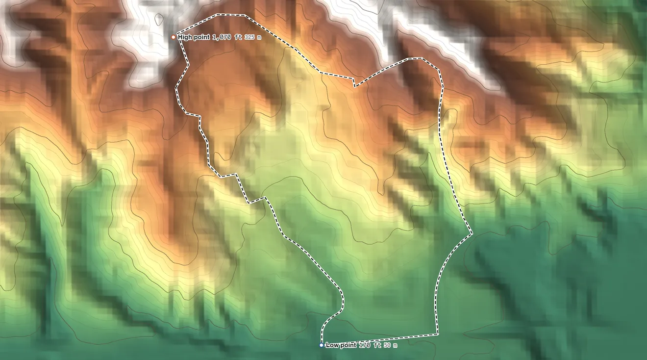 Topographic elevation map of Pepperdine University, California, shaded from 170 ft on the south side to 1,070 ft at the foot of the Santa Monica Mountains