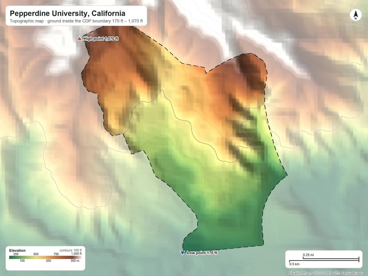 Topographic elevation map of Pepperdine University, California, shaded from 170 ft on the south side to 1,070 ft at the foot of the Santa Monica Mountains